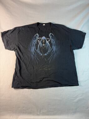 Vintage Grim Reaper T-Shirt Mens 2XL Black Crew Neck Wings Skull Distress Grunge